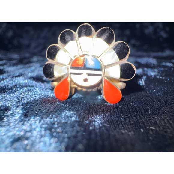 Zuni Native American Sterling Silver Turquoise Coral Inlay Ring Sunface Laahty - Picture 2 of 9